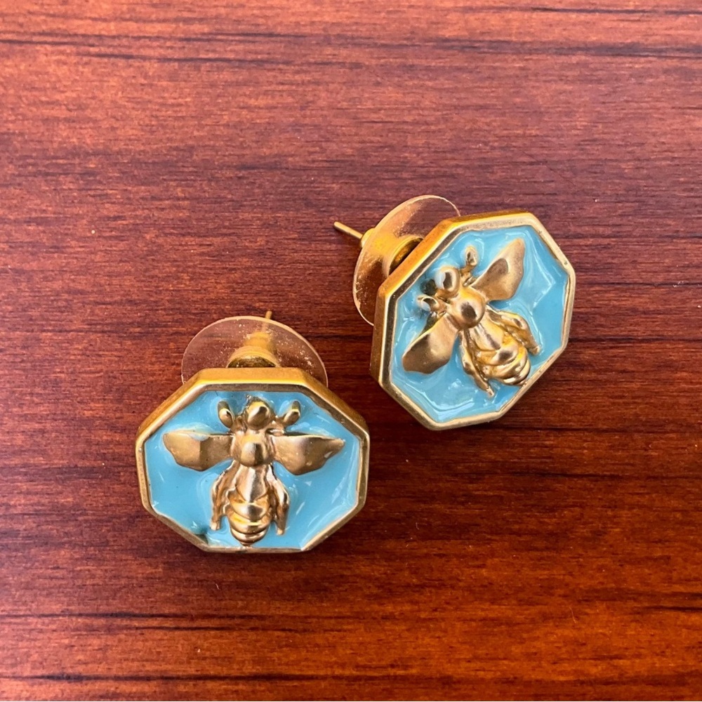 Vintage Gold and Blue Bee Stud Earrings